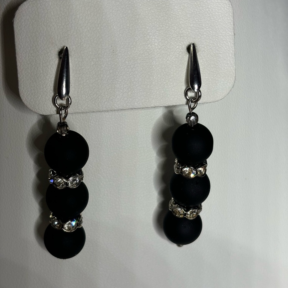 Black and rhinestone earrings 2 inches - Picture 3 of 6